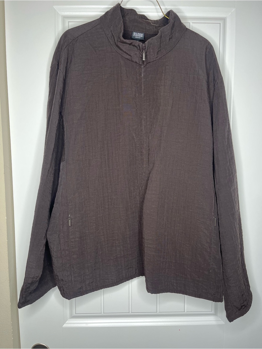 Eileen Fisher Chocolate Brown Quilted Texture Funnel Neck Lightweight Jacket 2X